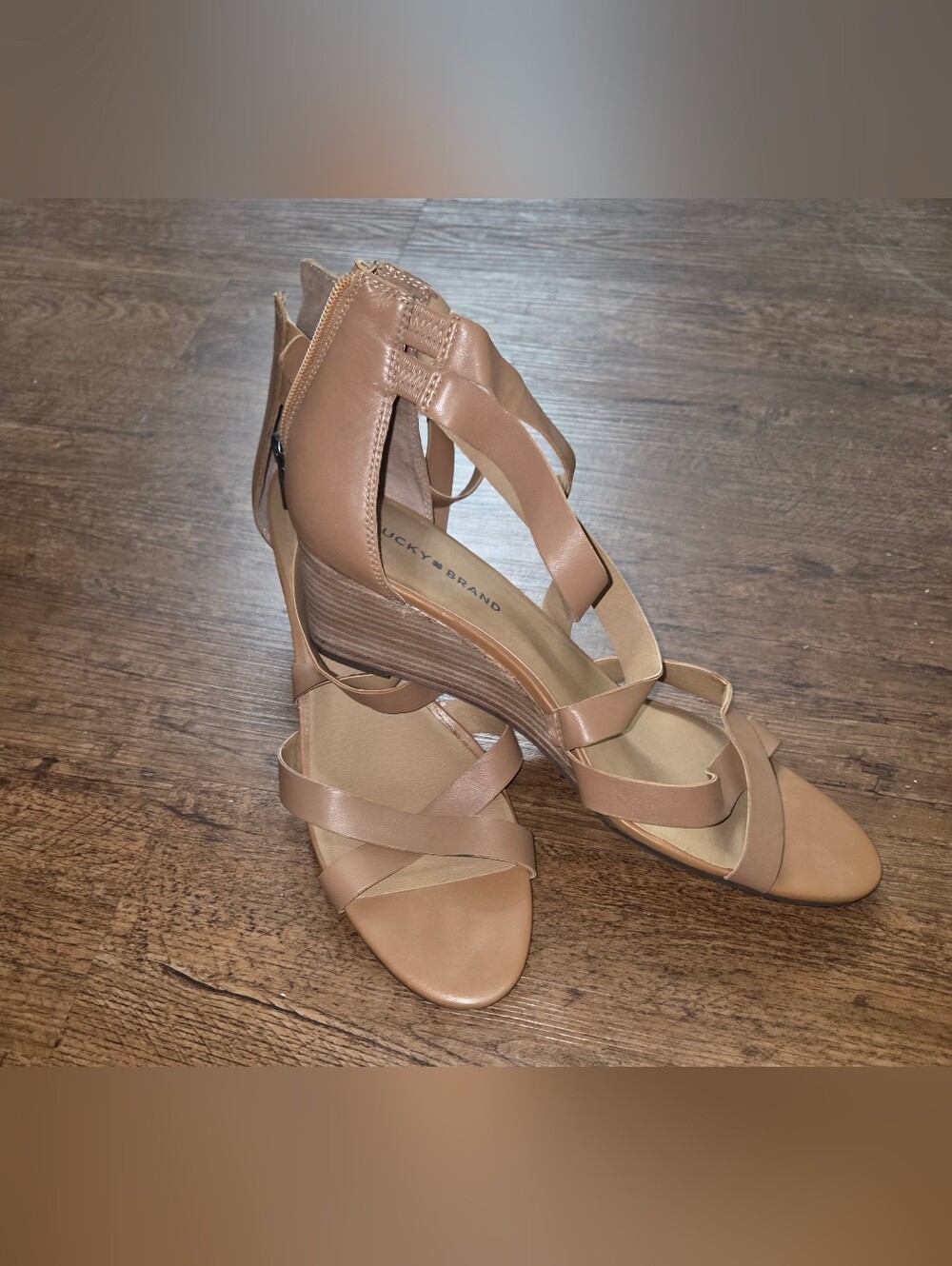 Lucky Brand Zip Up  Nude Tan Strappy Wedge Sandals Size 13